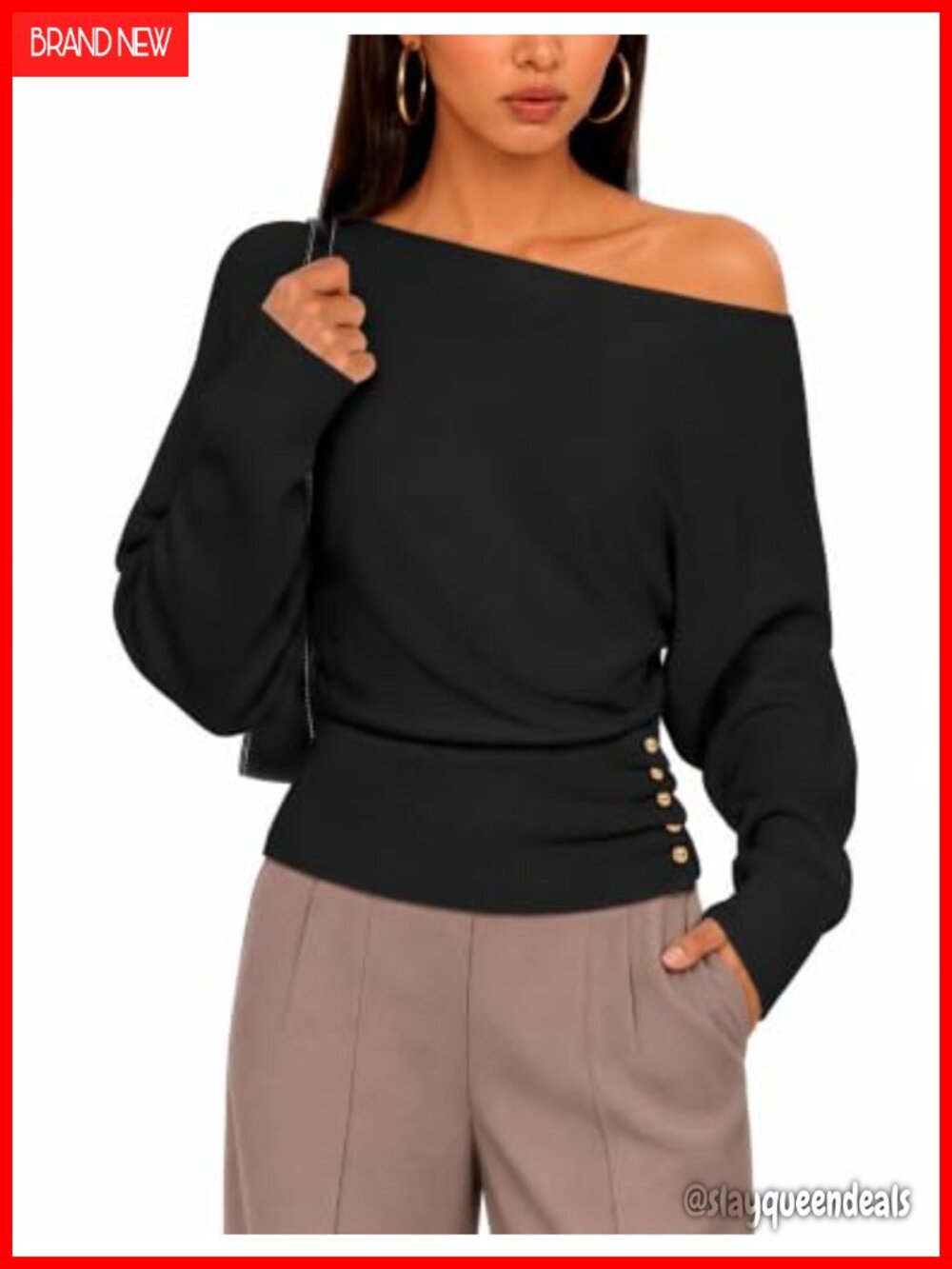 Off Shoulder Batwing Sleeve Ribbed Knit Sweater Pullover